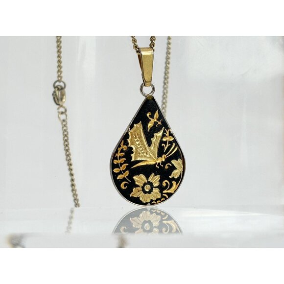 Damascene Black Tear Drop Gold Butterfly & Floral Vintage Pendant Necklace - 18" - Picture 7 of 8